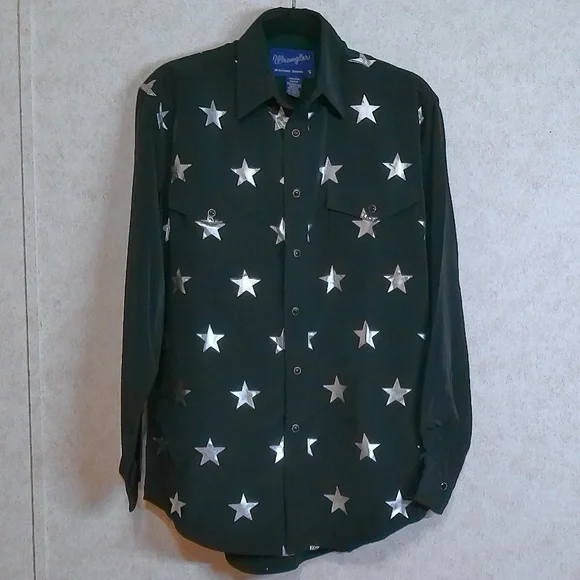 NWT Wrangler Western Shirts Snap Down Long Sleeve Black/Silver Men’s Size Small - Picture 1 of 11